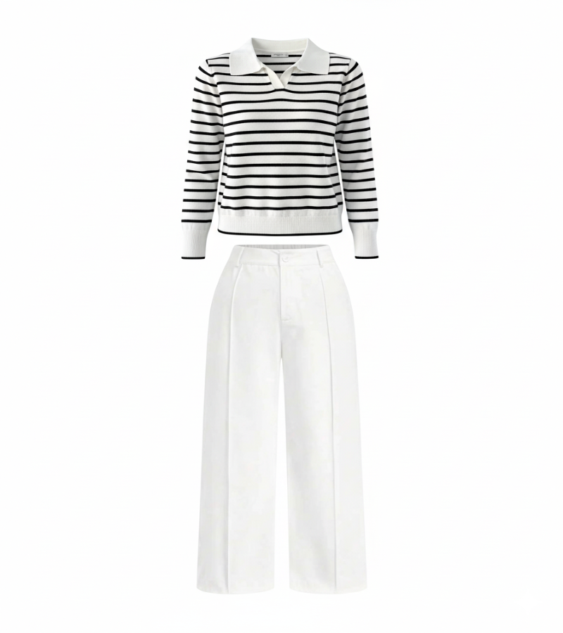 Look Rainha das Lagrimas - Suéter Listrado de gola  + Calça Alfaiataria