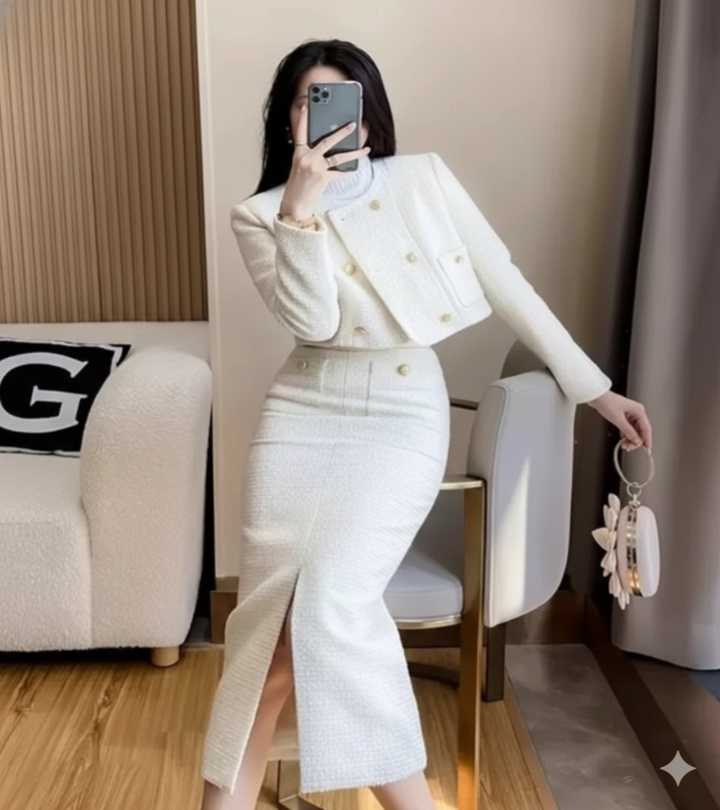 Conjunto Tweed com Jaqueta Curta e Saia - Look Elegância Profissional