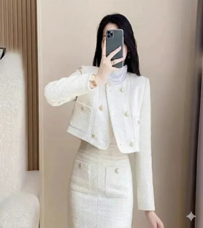 Conjunto Tweed com Jaqueta Curta e Saia - Look Elegância Profissional