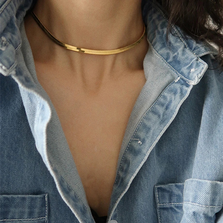 Gargantilha Punk com Corrente de Cobra e Lâmina Plana, Colar Dourado e Prateado