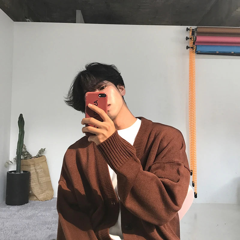 Cardigan masculino Estilo coreano, manga comprida