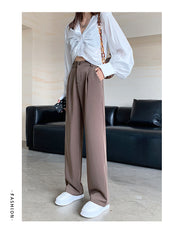 Calça feminina de cintura alta até o chão, reta e comprida