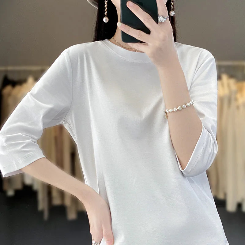 Blusa Básica em Algodão Mercerizado com Manga Cropped  "Primavera de Seul"