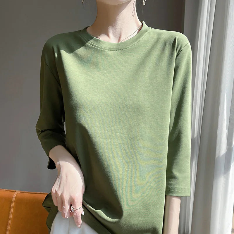 Blusa Básica em Algodão Mercerizado com Manga Cropped  "Primavera de Seul"
