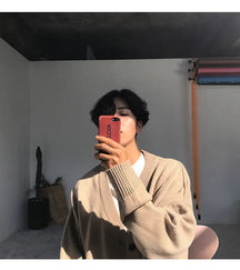 Suéter de Malha Solto com Abotoamento Simples - Estilo Coreano