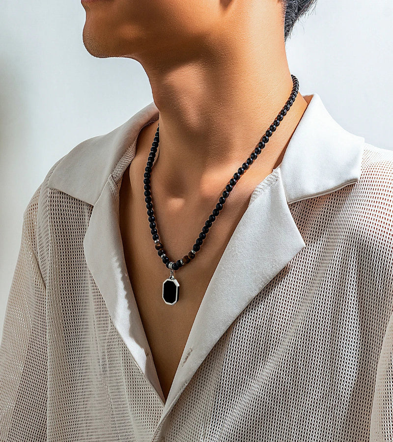 Colar Pedra de Tigre Preto Geométrico com Pingente em Aço Inoxidável
