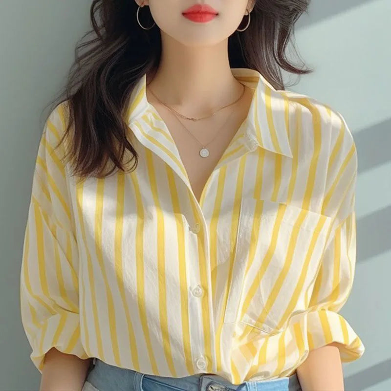 Blusas casual listrada, manga comprida
