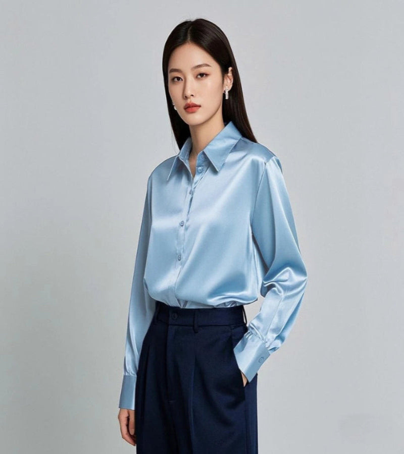 Camisas de cetim femininas chiques e coreanas para escritório