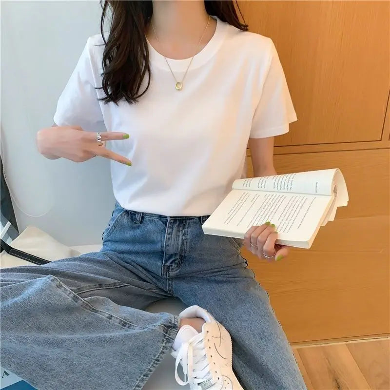 Camiseta feminina de manga curta de algodão, gola redonda
