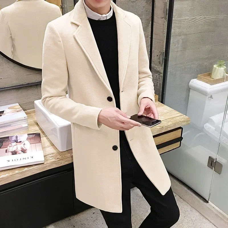 Casaco longo de algodão masculino 2024 outono inverno nova mistura de lã cor pura casual negócios moda fino blusão jaqueta roupas masculinas