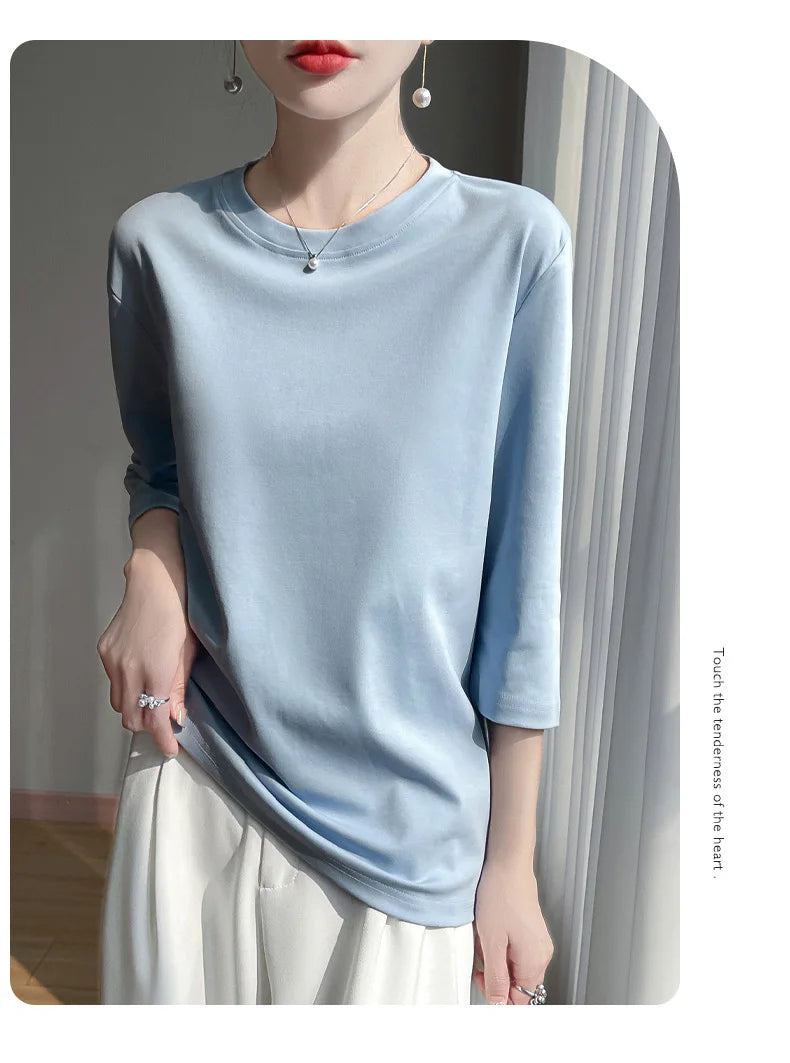 Blusa Básica em Algodão Mercerizado com Manga Cropped  "Primavera de Seul"