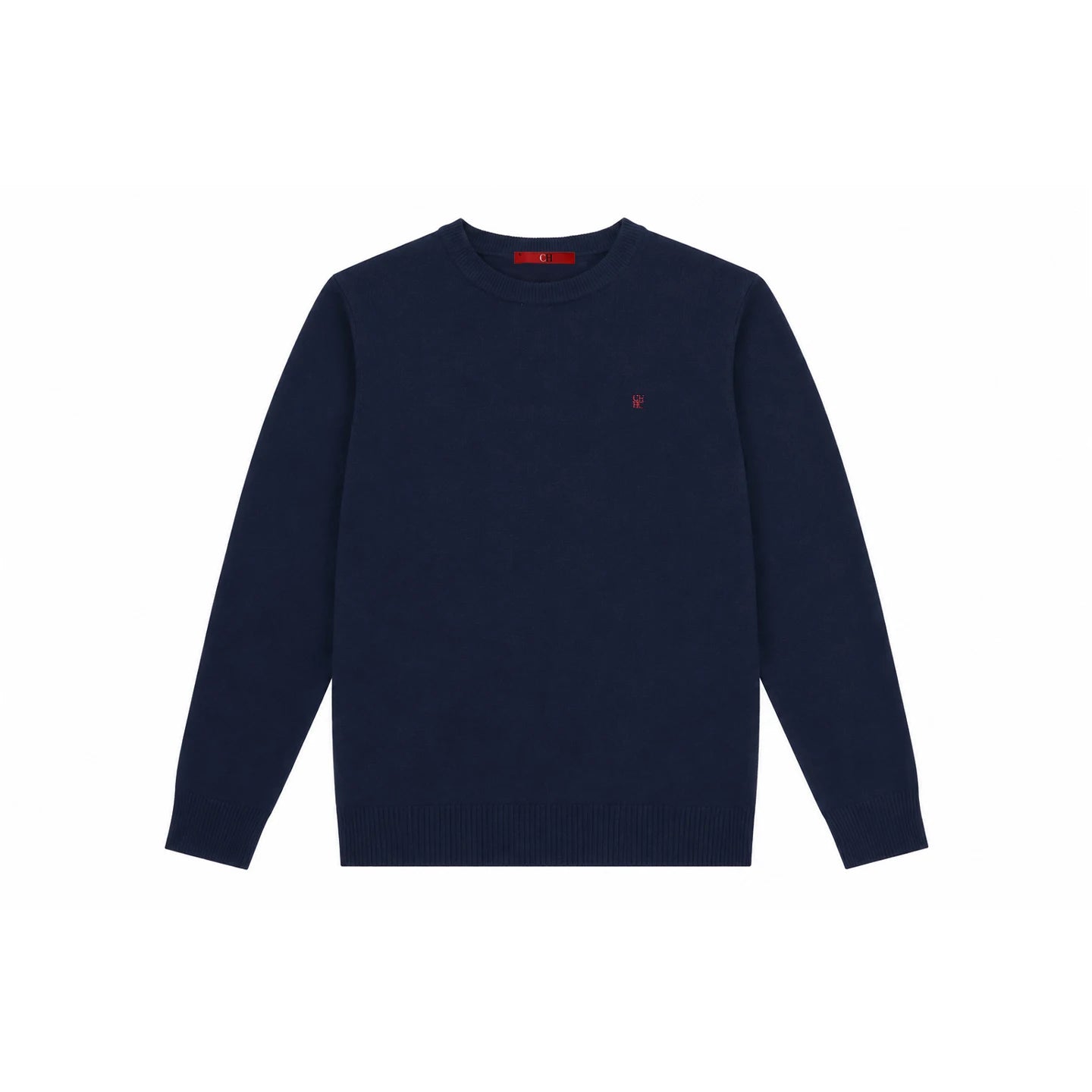 Suéter Masculino CH com Gola Redonda, Ajuste Slim, Manga Longa, Pullover de Tricô com Bordado Vermelho, Top Casual para Negócios