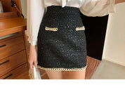 Terno feminino de tweed, conjuntos de 2 peças, casaco preto de abotoamento único + saia curta em linha