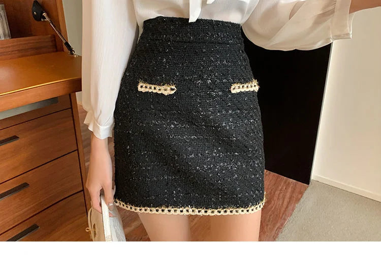 Terno feminino de tweed, conjuntos de 2 peças, casaco preto de abotoamento único + saia curta em linha