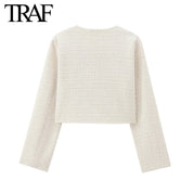 TRAF Women Fashion Autumn New Casual Jacket Round Neck Long Sleeved Single-breasted Pocket Short Coats Chic Ladies Tops Mujer