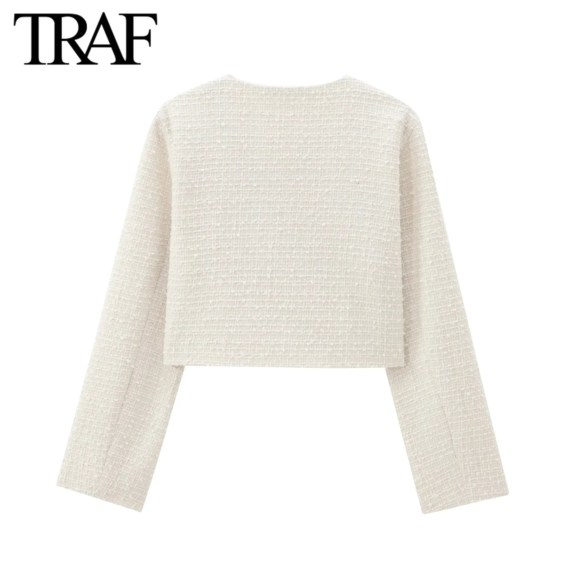 TRAF Women Fashion Autumn New Casual Jacket Round Neck Long Sleeved Single-breasted Pocket Short Coats Chic Ladies Tops Mujer