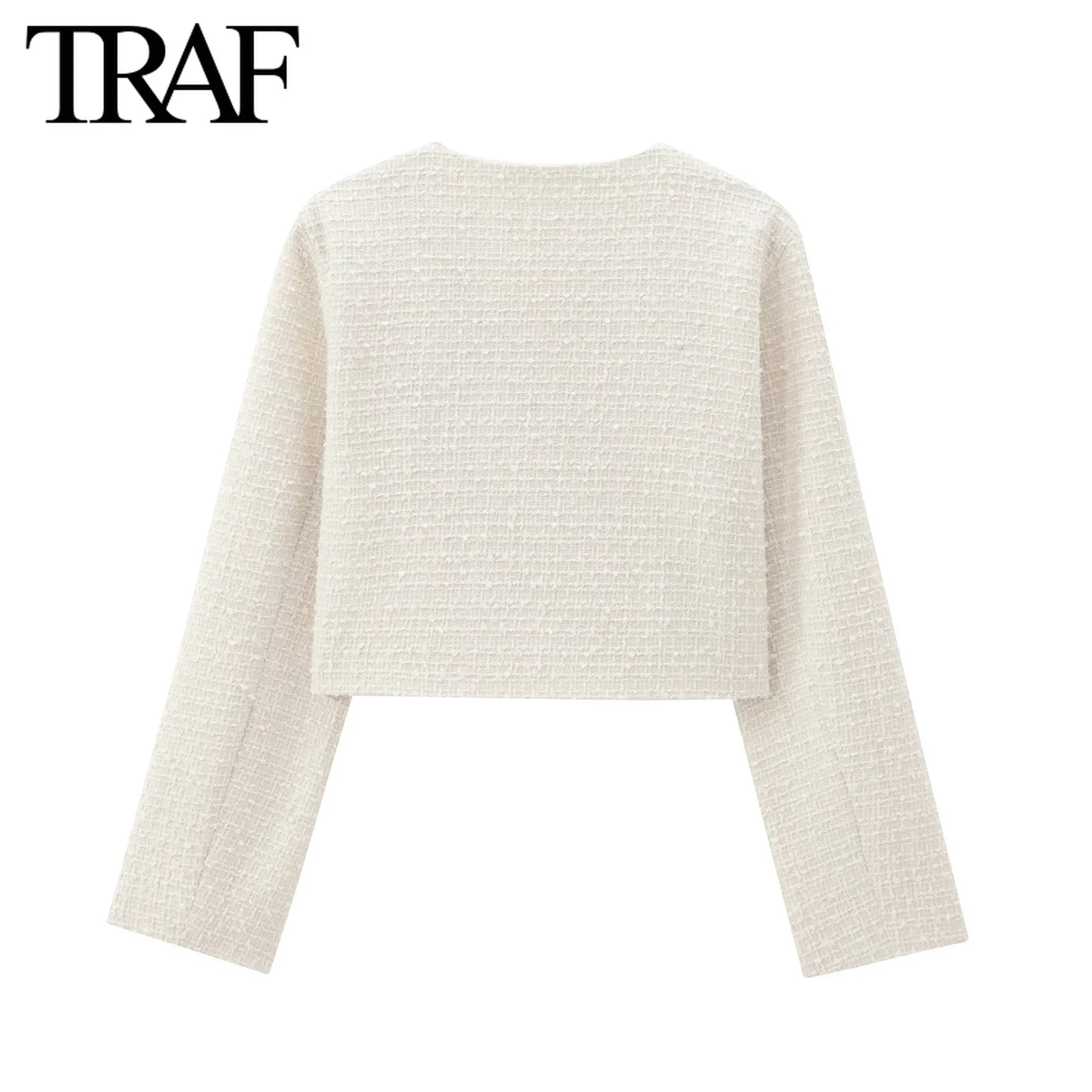 TRAF Women Fashion Autumn New Casual Jacket Round Neck Long Sleeved Single-breasted Pocket Short Coats Chic Ladies Tops Mujer