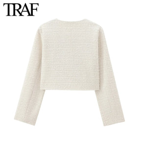 TRAF Women Fashion Autumn New Casual Jacket Round Neck Long Sleeved Single-breasted Pocket Short Coats Chic Ladies Tops Mujer