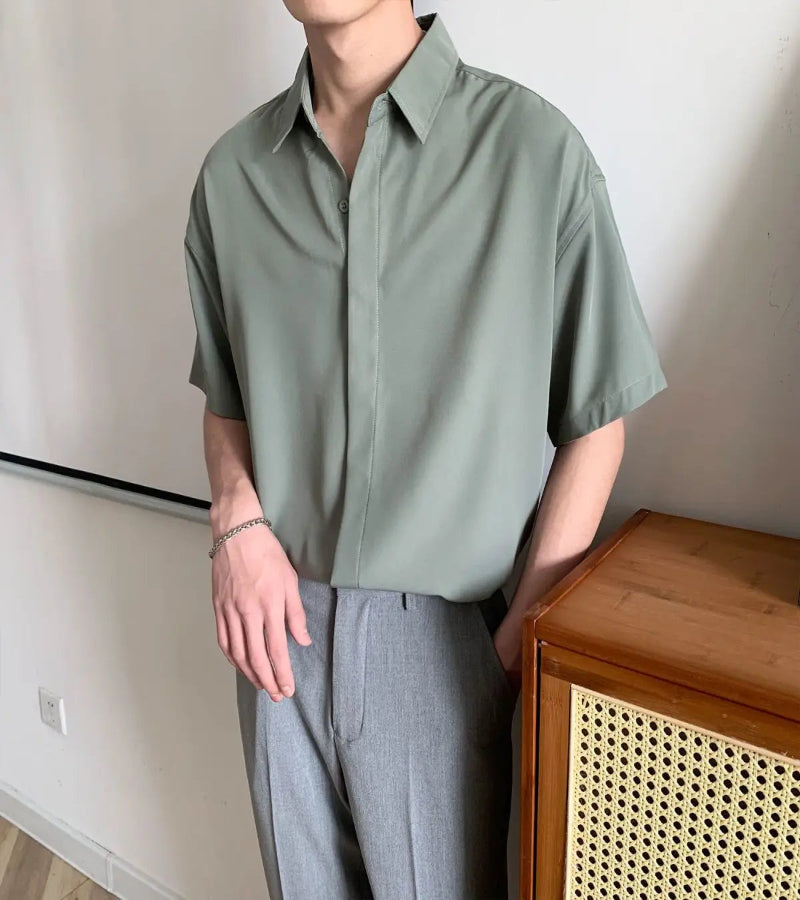 Camisa Masculina Lisa Solta com Gola – Estilo Coreano Casual