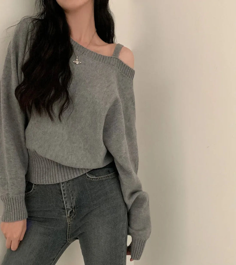 Blusa Suéter Estilo Coreano Chique com Ombros de Fora