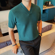 Suéter Masculino Grosso com Decote em V, Manga Curta, Cor Sólida, Tricô Casual Slim Fit, Versátil, 4XL - Coleção 2026