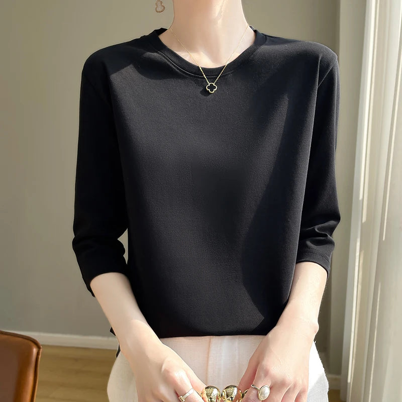 Blusa Básica em Algodão Mercerizado com Manga Cropped  "Primavera de Seul"