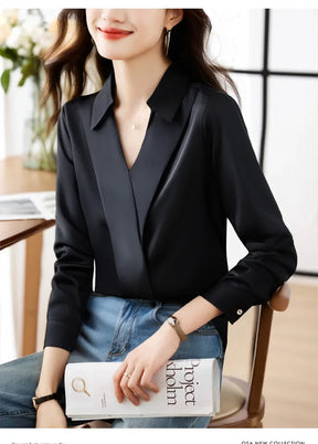 Camisa feminina versátil de cetim de seda, cor pura, top de chiffon aberto
