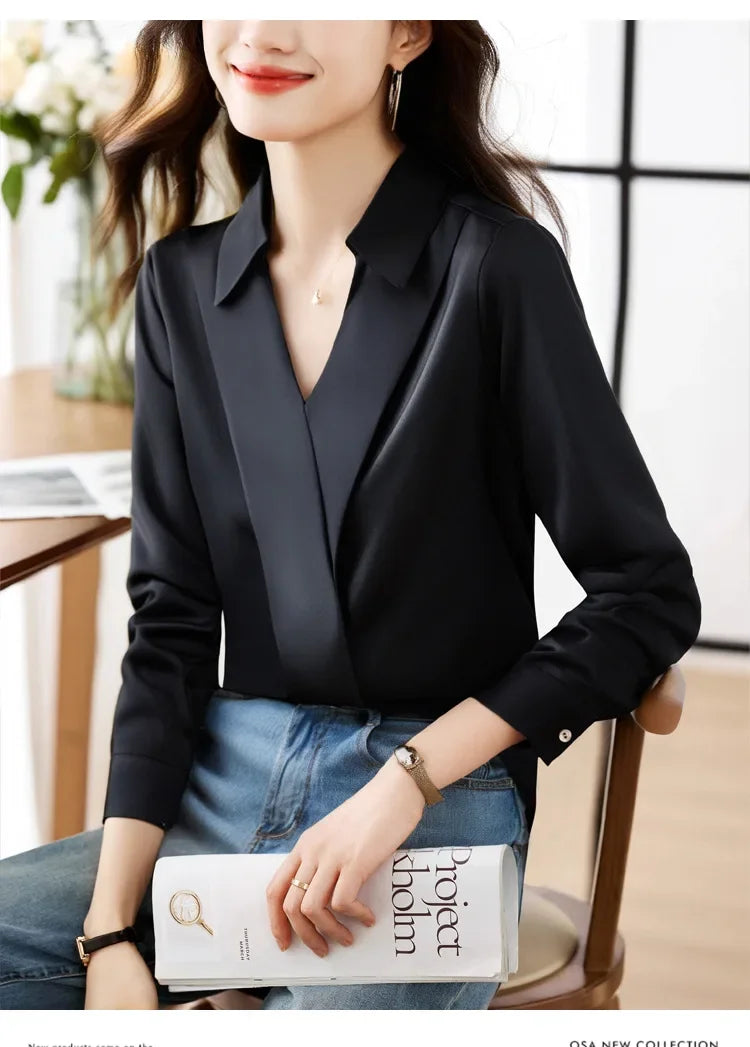 Camisa feminina versátil de cetim de seda, cor pura, top de chiffon aberto