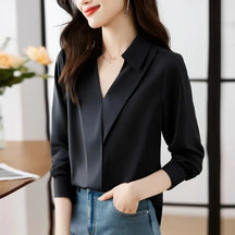 Camisa feminina versátil de cetim de seda, cor pura, top de chiffon aberto