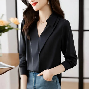 Camisa feminina versátil de cetim de seda, cor pura, top de chiffon aberto