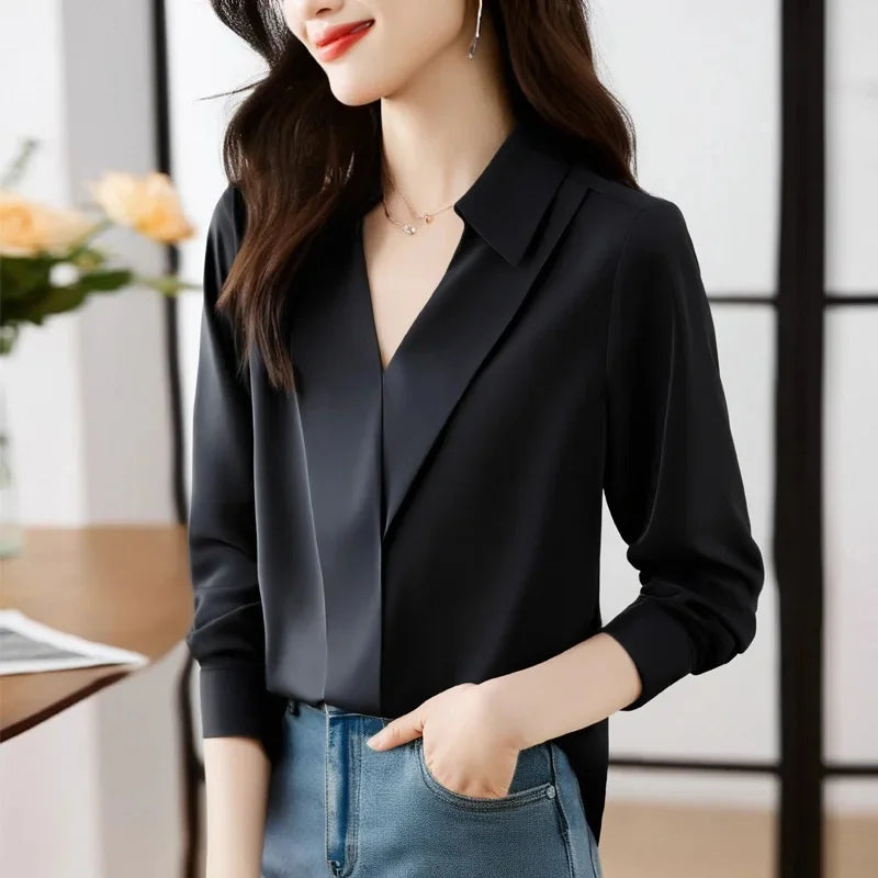 Camisa feminina versátil de cetim de seda, cor pura, top de chiffon aberto