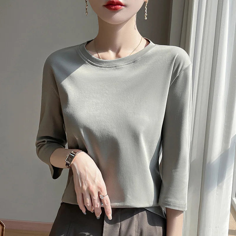 Blusa Básica em Algodão Mercerizado com Manga Cropped  "Primavera de Seul"
