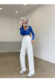 Calça feminina de cintura alta até o chão, reta e comprida