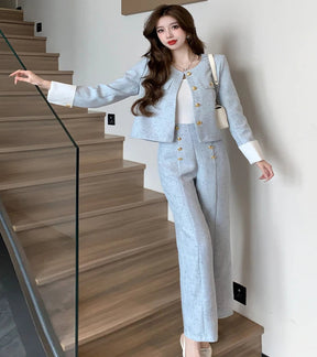 Look Elegância Tweed – Conjunto de Duas Peças com Casaco e Calça de Alfaiataria