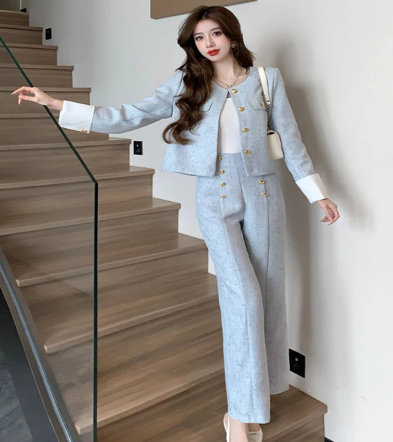 Look Elegância Tweed – Conjunto de Duas Peças com Casaco e Calça de Alfaiataria