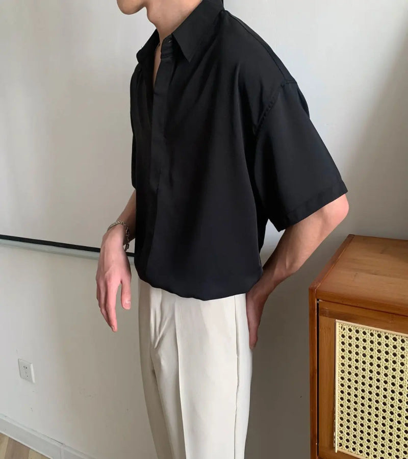 Camisa Masculina Lisa Solta com Gola – Estilo Coreano Casual