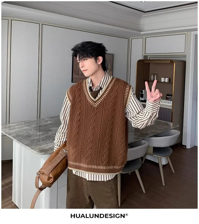 Colete Suéter Masculino Casual Decote em V – Estilo Coreano Clássico