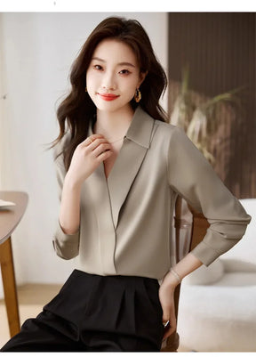 Camisa feminina versátil de cetim de seda, cor pura, top de chiffon aberto