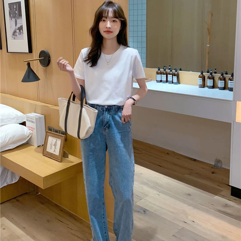 Camiseta feminina de manga curta de algodão, gola redonda