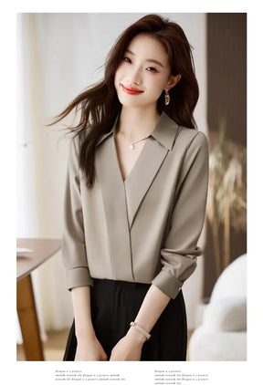 Camisa feminina versátil de cetim de seda, cor pura, top de chiffon aberto