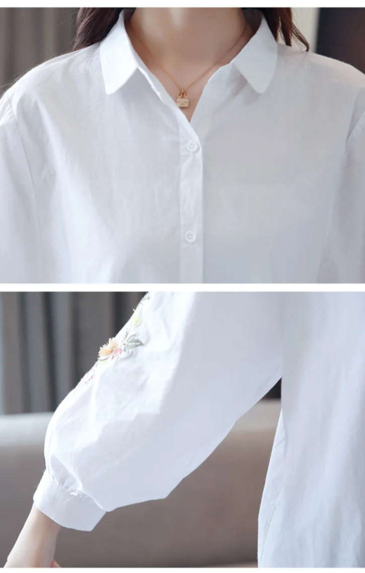 Camisa Bordada com Gola Polo e Manga 3/4