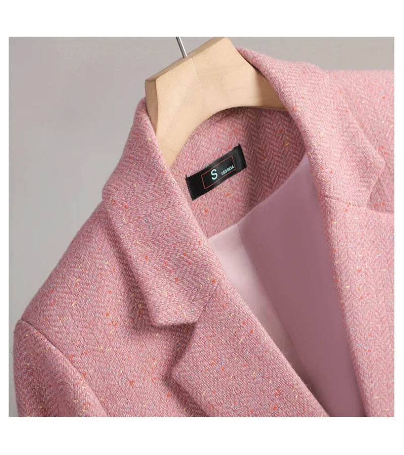 Terno de Lã Feminino Xadrez Tweed – Estilo Casual Coreano