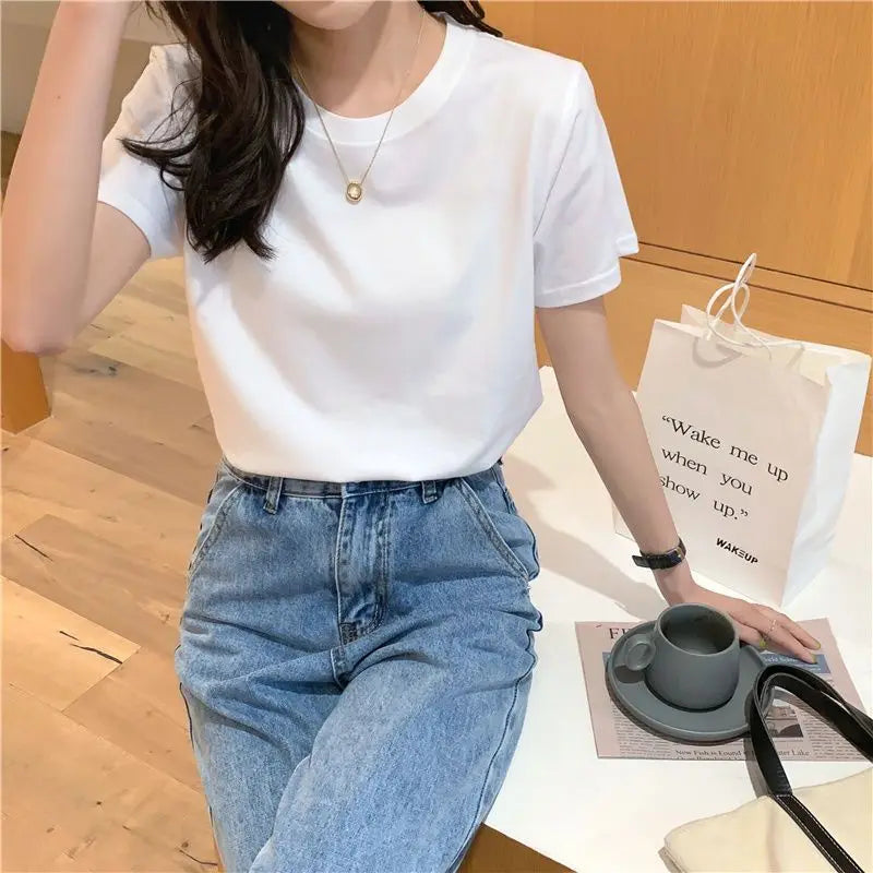 Camiseta feminina de manga curta de algodão, gola redonda