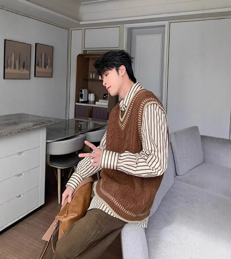 Colete Suéter Masculino Casual Decote em V – Estilo Coreano Clássico