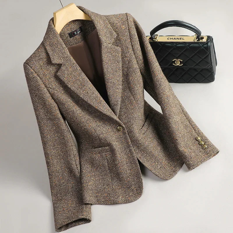 Terno de lã para mulheres, xadrez, tweed, estilo casual