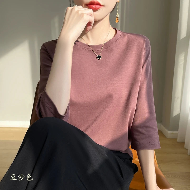 Blusa Básica em Algodão Mercerizado com Manga Cropped  "Primavera de Seul"