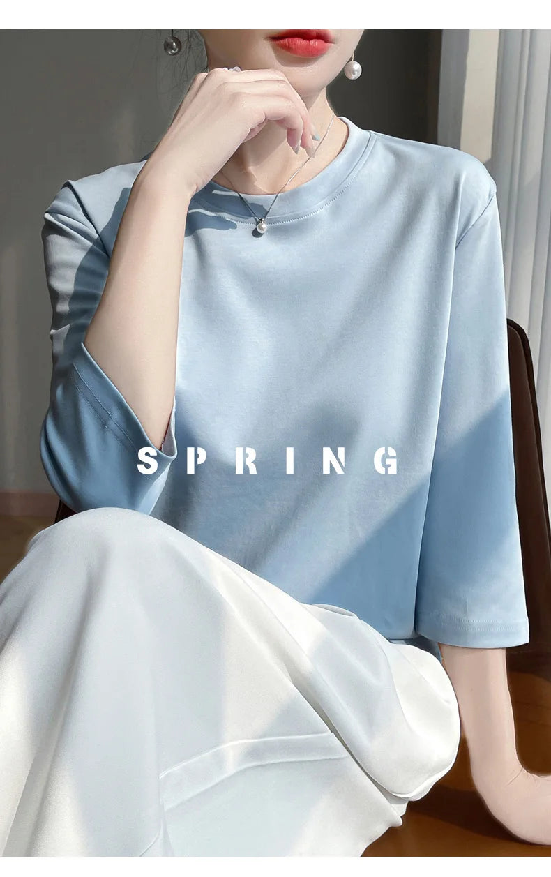 Blusa Básica em Algodão Mercerizado com Manga Cropped  "Primavera de Seul"