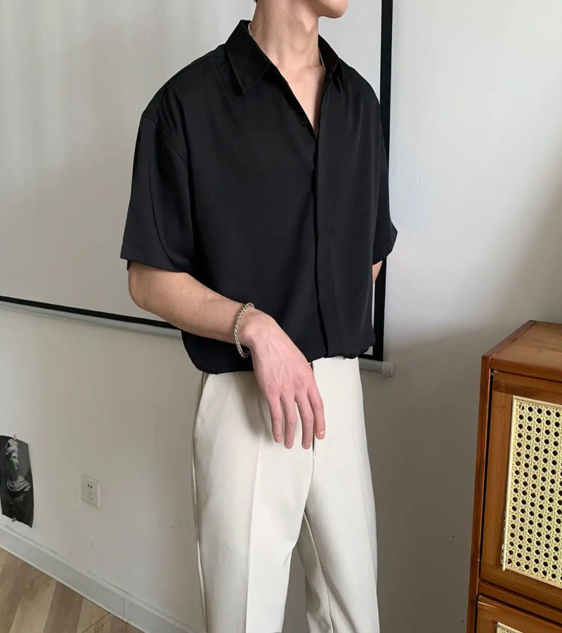 Camisa Masculina Lisa Solta com Gola – Estilo Coreano Casual