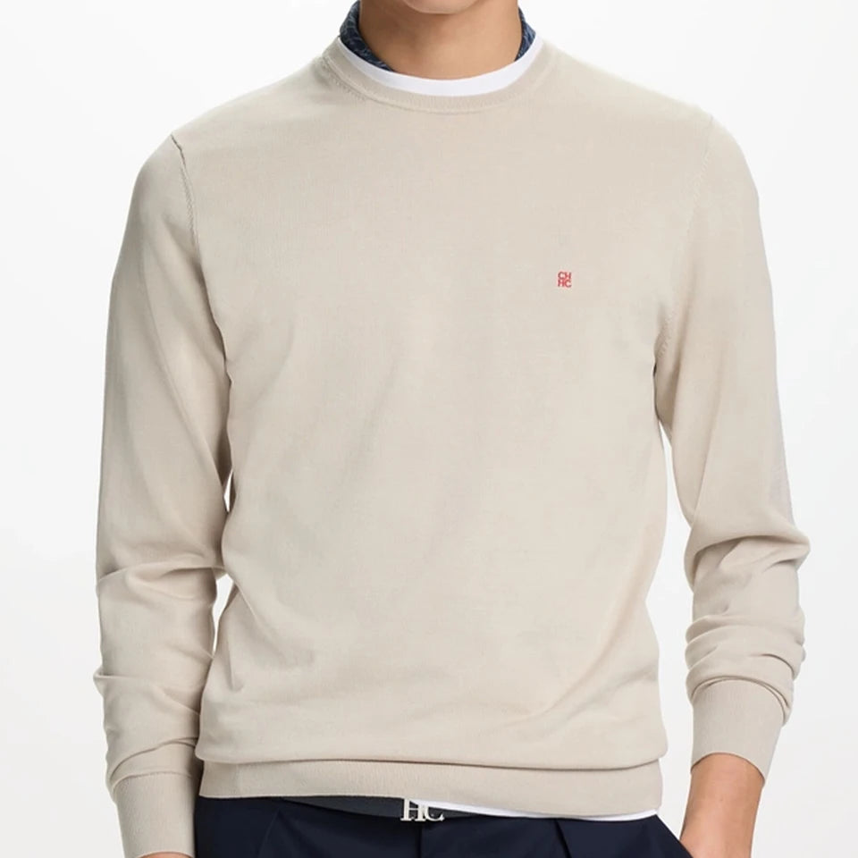 Suéter Masculino CH com Gola Redonda, Ajuste Slim, Manga Longa, Pullover de Tricô com Bordado Vermelho, Top Casual para Negócios