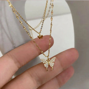 Colar com pingente de estrela e lua, dupla camada delicado